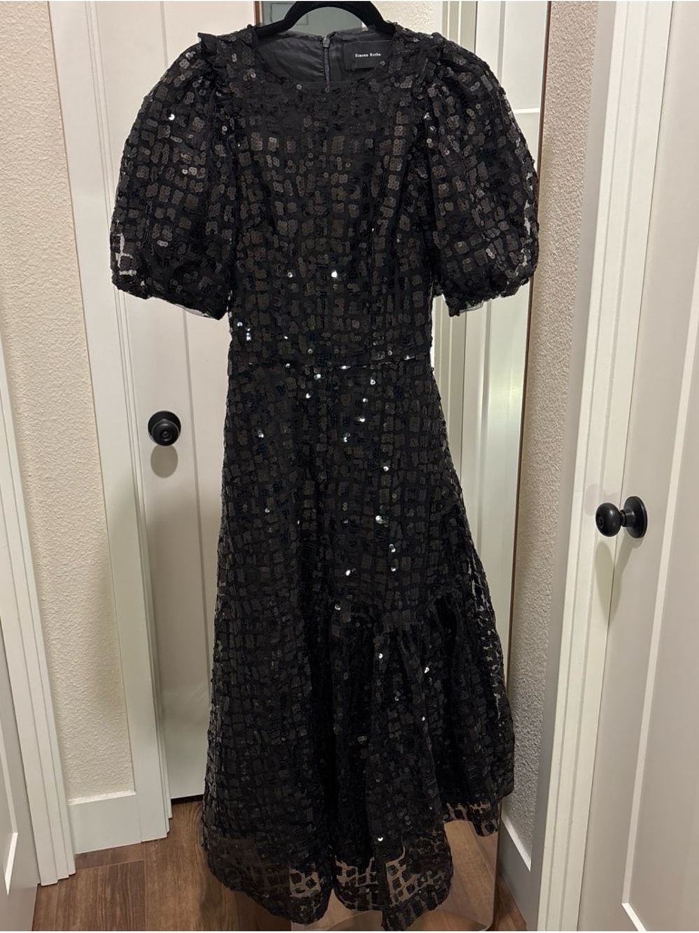 Simone Rocha Black Sequin Puff-Sleeve Midi Dress